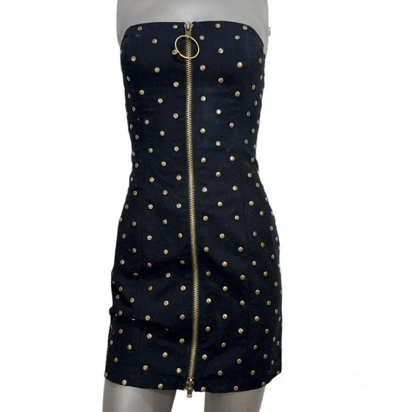 Vtg Betsey Johnson Womens Dress Black Denim Studded Zip Strapless Y2K 90s Sz 4 S - Picture 2 of 10